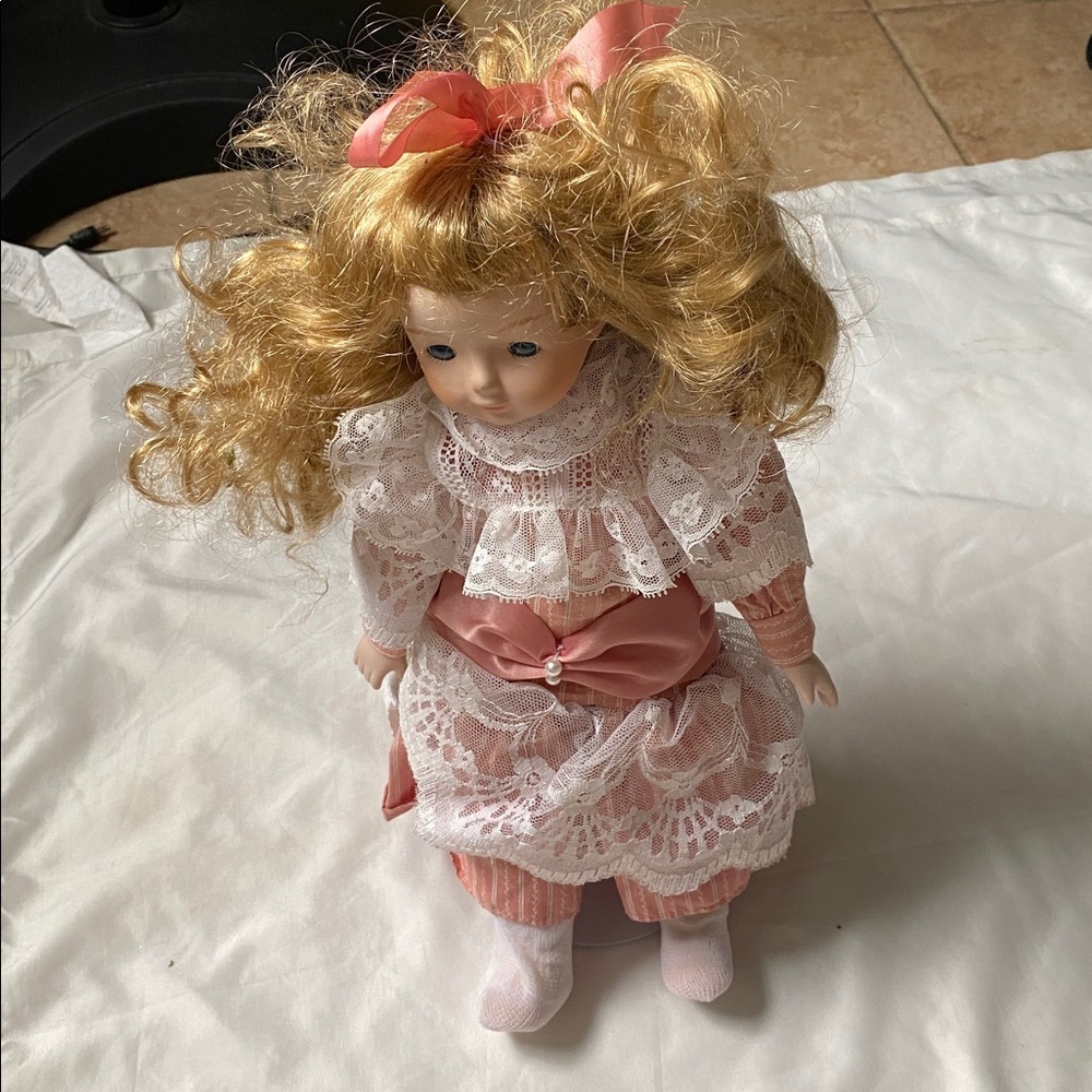 Porcelain Doll with Pink Dress and Lace
